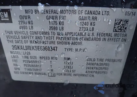 2014 GMC Terrain Sle-1 z USA, uszkodzony, nr VIN 2GKALMEK5E6360347